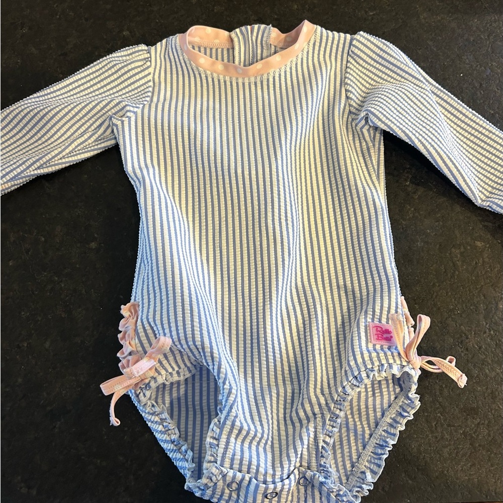 Ruffle Butts Striped Ruffled Bow Pink and Chambry Blue Swimsuit Size 2T